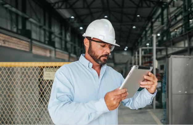 Business owner in a warehouse, wearing a hard hat, using an iPad